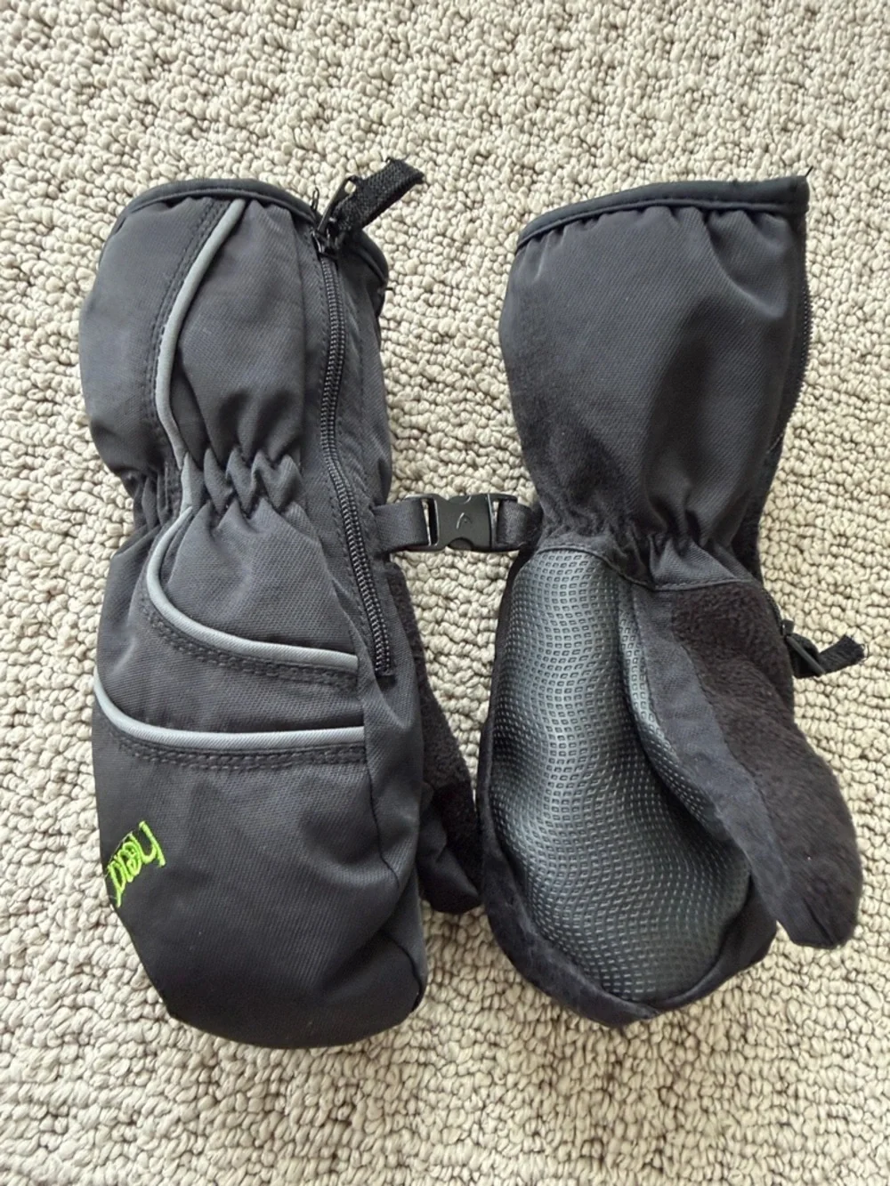 Head Black Kids Mittens with Green Logo